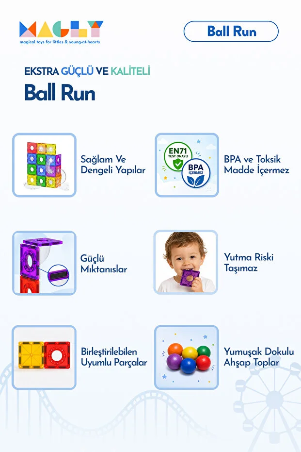 Ball Run Parkur Oyunu – Çocuklar İçin Renkli 3 Boyutlu 101 Parça Yapı Seti - Manyetikler ve Yollar